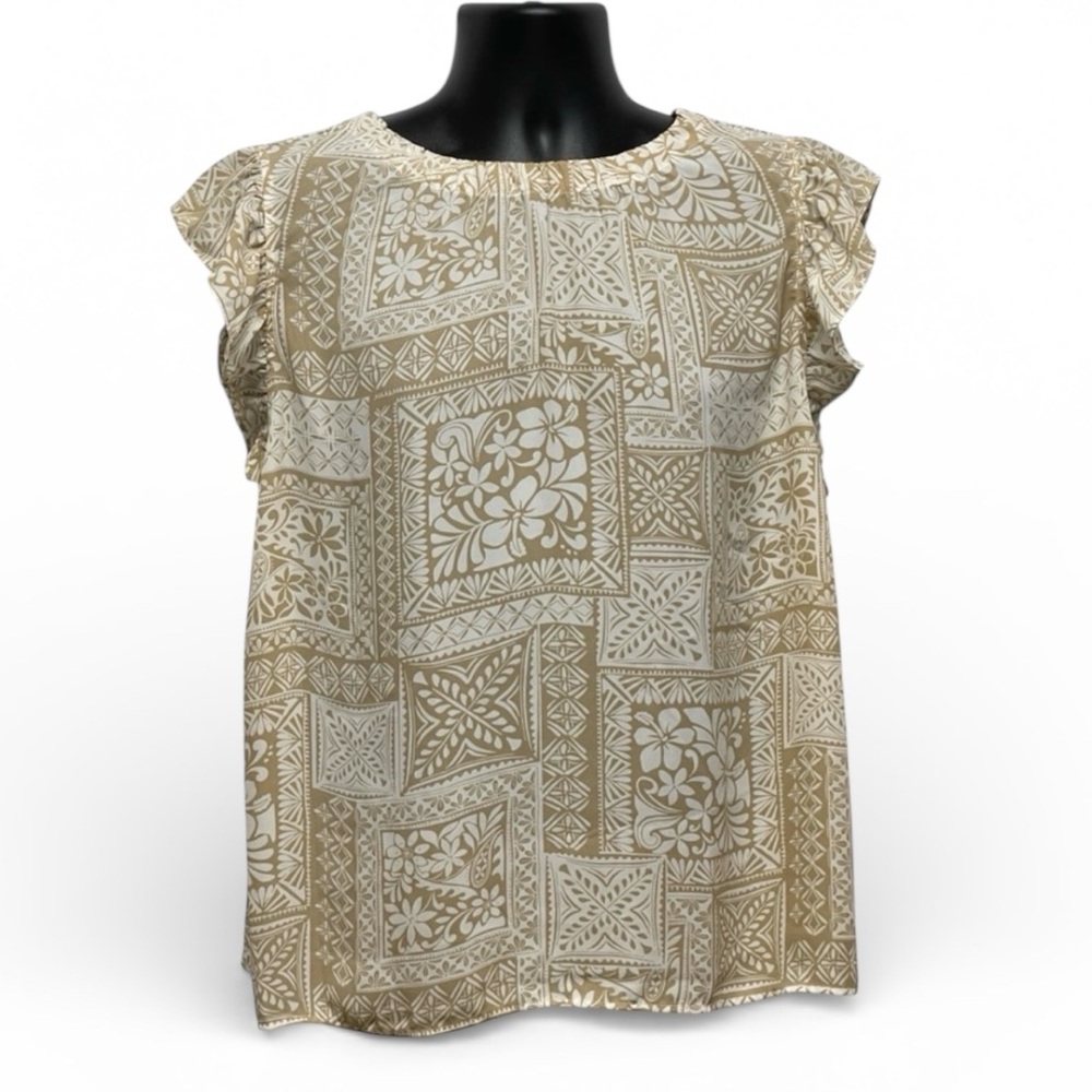 LOFT Floral Ruffle Sleeve Blouse XL Tan White Lightweight Top